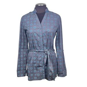 Lole Floral Button Front Roll-Tab Sleeve Gray Blue Mandarin Collar Tunic Top (8)